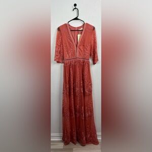 Southern Fried Chics Women’s Lace Dress Sz M Elegant Coral Maxi Dress Lined Chic